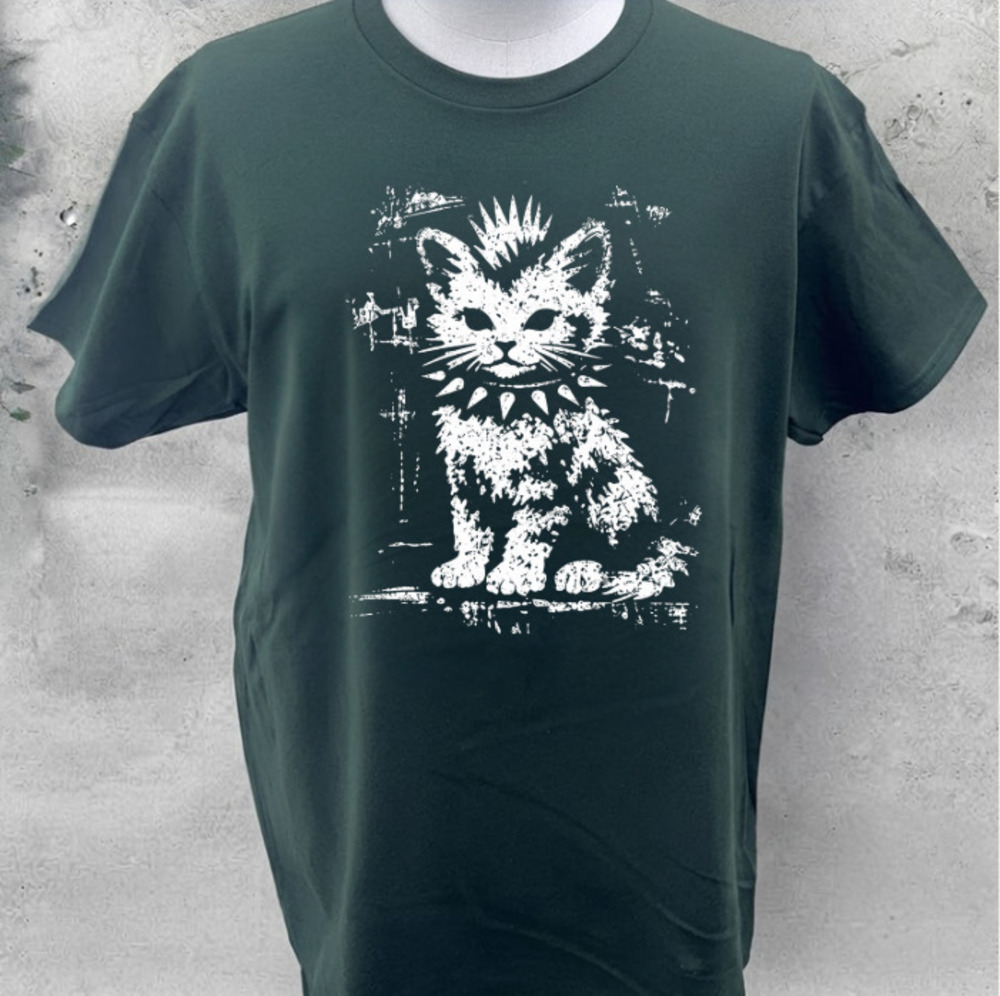 Punk Cat Kitten Mohawk Spiked Collar Grunge Vintage Dark Green T-Shirt